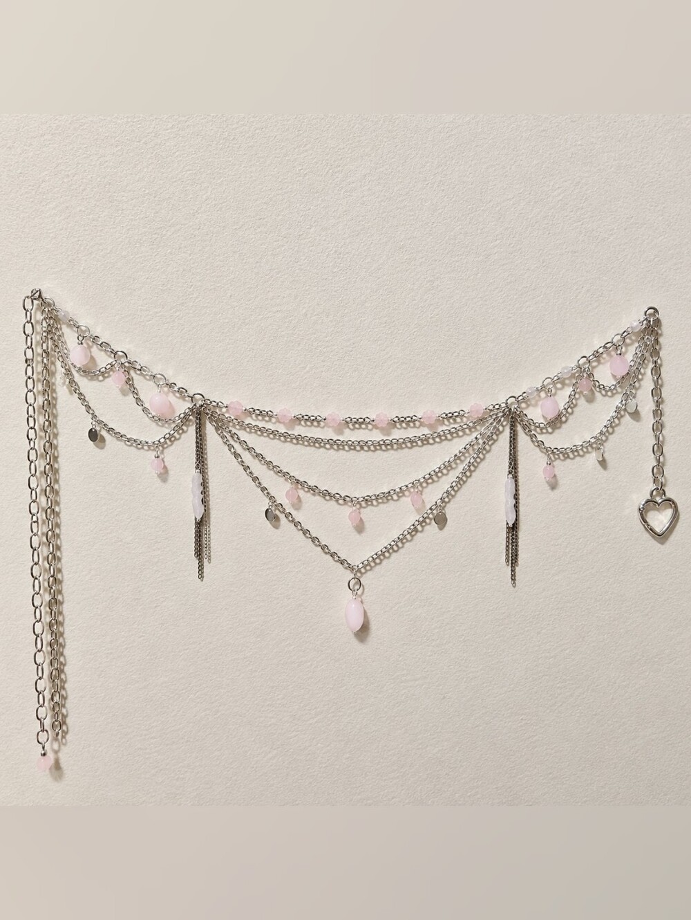 Layered Chain Heart Charm Belt in Silver & Pink  New